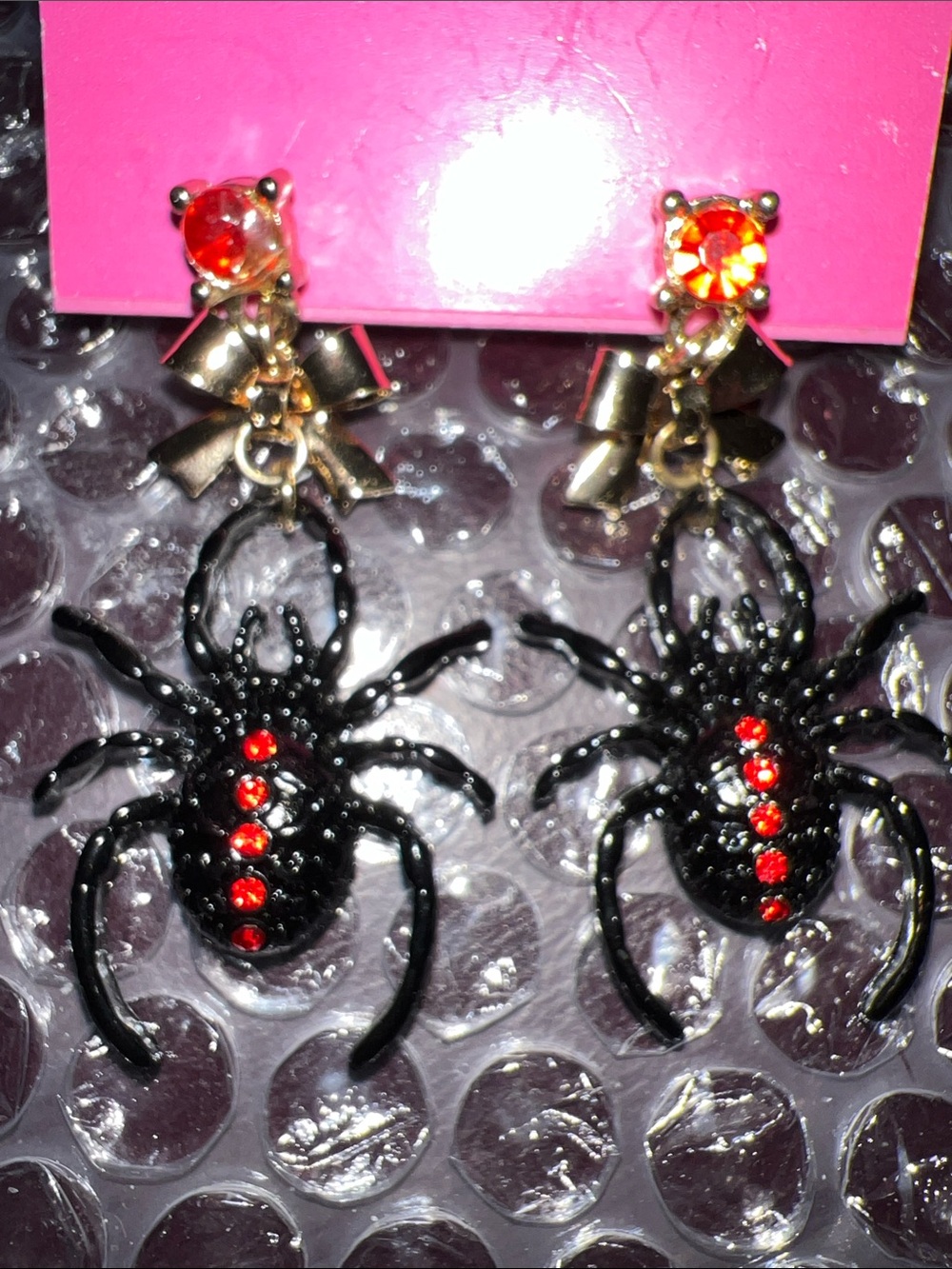Betsey Johnson Black Widow Rhinestone Dangling Earrings Gold Tone Bow Accents